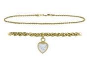 14K Yellow Gold 10 Inch Wheat Anklet with Genuine White Topaz Heart Charm