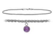 10K White Gold 9 Inch Wheat Anklet with Genuine Amethyst Round Charm