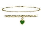 14K Yellow Gold 9 Inch Mariner Anklet with Created Emerald Heart Charm