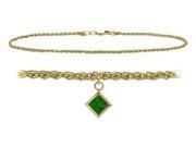 14K Yellow Gold 10 Inch Wheat Anklet with Created Emerald Square Charm