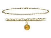 14K Yellow Gold 10 Inch Mariner Anklet with Genuine Citrine Round Charm