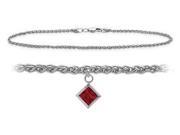 14K White Gold 10 Inch Wheat Anklet with Created Ruby Square Charm