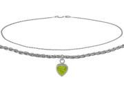 10K White Gold 9 Inch Wheat Anklet with Genuine Peridot Heart Charm