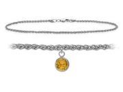 14K White Gold 10 Inch Wheat Anklet with Genuine Citrine Round Charm