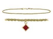 10K Yellow Gold 9 Inch Wheat Anklet with Created Ruby Square Charm