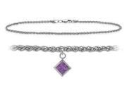 14K White Gold 9 Inch Wheat Anklet with Genuine Amethyst Square Charm