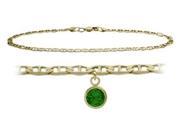 14K Yellow Gold 10 Inch Mariner Anklet with Created Emerald Round Charm