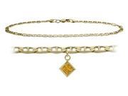 14K Yellow Gold 10 Inch Mariner Anklet with Genuine Citrine Square Charm