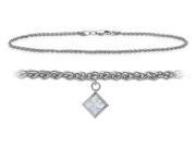 14K White Gold 9 Inch Wheat Anklet with Genuine White Topaz Square Charm