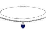 14K White Gold 10 Inch Wheat Anklet with Created Sapphire Heart Charm