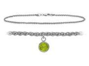 14K White Gold 9 Inch Wheat Anklet with Genuine Peridot Round Charm