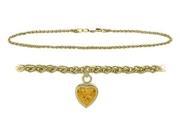 14K Yellow Gold 10 Inch Wheat Anklet with Genuine Citrine Heart Charm