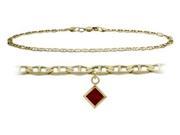14K Yellow Gold 9 Inch Mariner Anklet with Genuine Garnet Square Charm