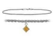 Genuine Sterling Silver 10 Inch Wheat Anklet with Genuine Citrine Square Charm