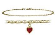10K Yellow Gold 9 Inch Mariner Anklet with Created Ruby Heart Charm