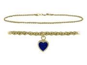 10K Yellow Gold 10 Inch Wheat Anklet with Created Sapphire Heart Charm