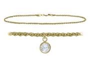 14K Yellow Gold 9 Inch Wheat Anklet with Genuine White Topaz Round Charm