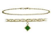 14K Yellow Gold 9 Inch Mariner Anklet with Created Emerald Square Charm
