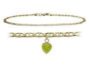 14K Yellow Gold 10 Inch Mariner Anklet with Genuine Peridot Heart Charm
