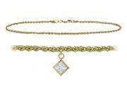 14K Yellow Gold 10 Inch Wheat Anklet with Genuine White Topaz Square Charm