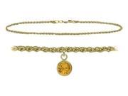 14K Yellow Gold 10 Inch Wheat Anklet with Genuine Citrine Round Charm