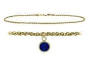 14K Yellow Gold 10 Inch Wheat Anklet with Created Sapphire Round Charm