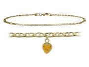 14K Yellow Gold 10 Inch Mariner Anklet with Genuine Citrine Heart Charm