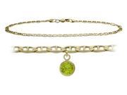 14K Yellow Gold 10 Inch Mariner Anklet with Genuine Peridot Round Charm