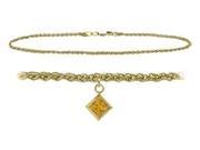 14K Yellow Gold 10 Inch Wheat Anklet with Genuine Citrine Square Charm