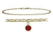 10K Yellow Gold 10 Inch Mariner Anklet with Created Ruby Round Charm