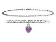 10K White Gold 10 Inch Mariner Anklet with Genuine Amethyst Heart Charm