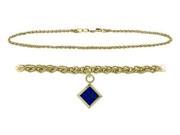 14K Yellow Gold 9 Inch Wheat Anklet with Created Sapphire Square Charm