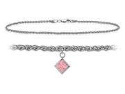 Genuine Sterling Silver 10 Inch Wheat Anklet with Created Tourmaline Square Charm