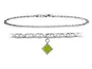 10K White Gold 9 Inch Mariner Anklet with Genuine Peridot Square Charm