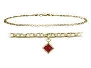 10K Yellow Gold 10 Inch Mariner Anklet with Created Ruby Square Charm