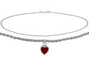 14K White Gold 9 Inch Wheat Anklet with Genuine Garnet Heart Charm