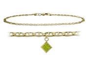 10K Yellow Gold 10 Inch Mariner Anklet with Genuine Peridot Square Charm