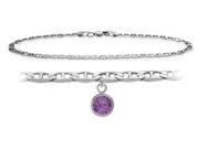 Genuine Sterling Silver 9 Inch Mariner Anklet with Genuine Amethyst Round Charm