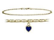 10K Yellow Gold 9 Inch Mariner Anklet with Created Sapphire Heart Charm