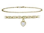 14K Yellow Gold 9 Inch Mariner Anklet with Genuine White Topaz Heart Charm