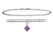 14K White Gold 9 Inch Mariner Anklet with Genuine Amethyst Square Charm