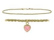10K Yellow Gold 10 Inch Wheat Anklet with Created Tourmaline Heart Charm