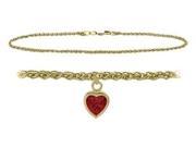 10K Yellow Gold 10 Inch Wheat Anklet with Created Ruby Heart Charm
