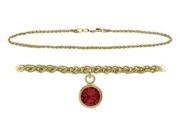 14K Yellow Gold 9 Inch Wheat Anklet with Created Ruby Round Charm