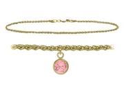 10K Yellow Gold 9 Inch Wheat Anklet with Created Tourmaline Round Charm
