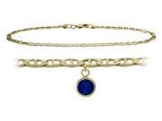 10K Yellow Gold 9 Inch Mariner Anklet with Created Sapphire Round Charm