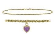 10K Yellow Gold 9 Inch Wheat Anklet with Genuine Amethyst Heart Charm