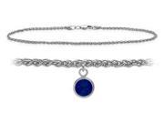 14K White Gold 10 Inch Wheat Anklet with Created Sapphire Round Charm
