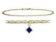 14K Yellow Gold 10 Inch Mariner Anklet with Created Sapphire Square Charm