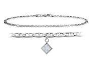 Genuine Sterling Silver 9 Inch Mariner Anklet with Genuine White Topaz Square Charm
